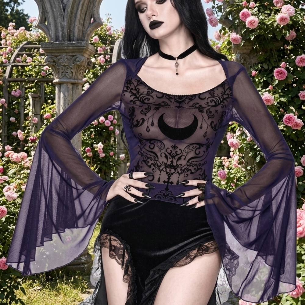 Sheer Gothic Moon Mesh Bell-Sleeve Blouse - Purple